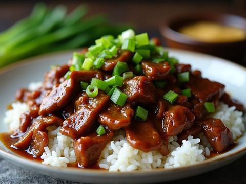 Mongolian beef — crispy beef slices in a glossy dark sauce with scallions over rice