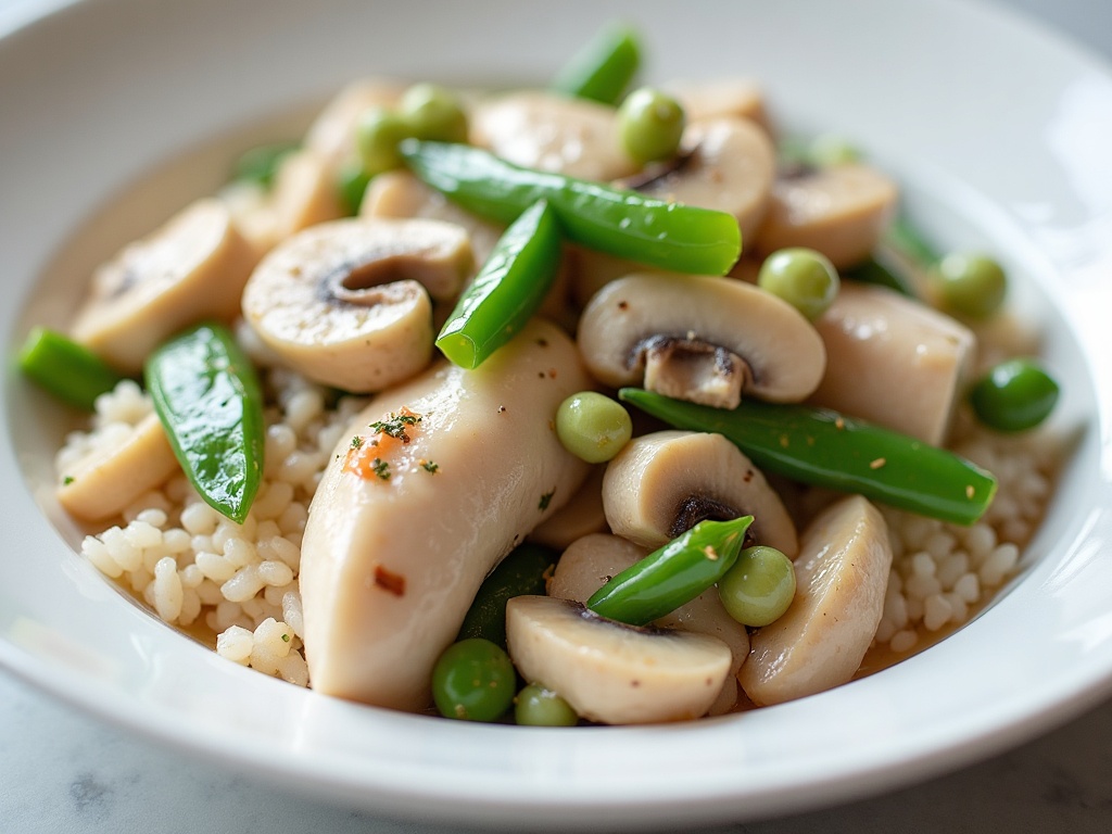 Moo goo gai pan — sliced chicken with mushrooms, snow peas and water chestnuts in a glossy white sauce