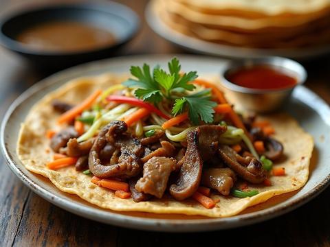 Moo shu pork — stir-fried pork, egg, wood ear and cabbage with thin pancakes and hoisin sauce