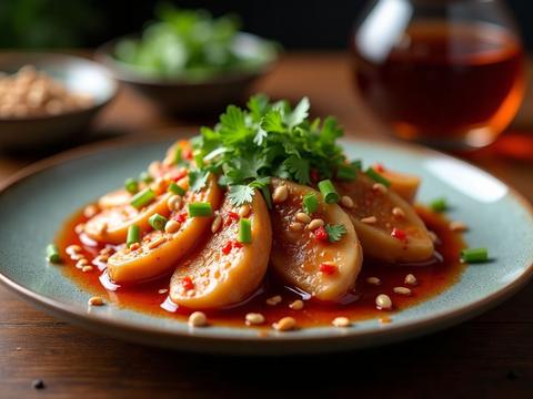 Sichuan mouthwatering chicken: sliced poached chicken under red chili oil with peanuts and scallions
