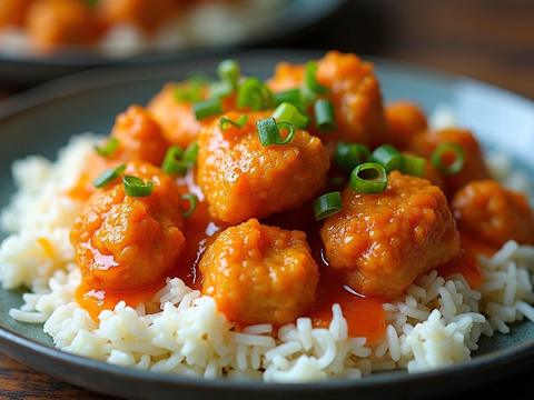 Orange chicken — crispy chicken pieces in a glossy bright orange sauce with orange zest over rice