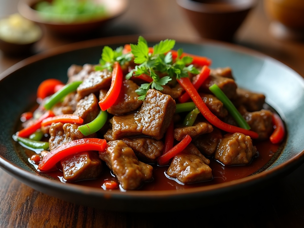Chinese pepper steak — beef strips with green and red bell peppers and onion in a glossy brown sauce