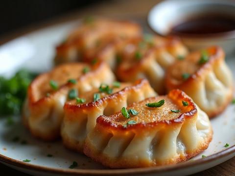 Pan-fried potstickers with crispy golden bottoms on a plate with a dipping sauce