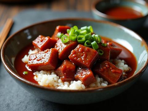 Red-braised pork belly cubes in a glossy mahogany sauce with scallions over rice