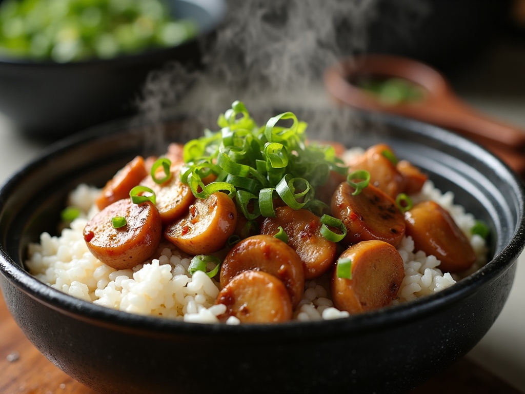 Rice cooker pot of fluffy rice topped with glossy soy-marinated chicken, shiitake mushrooms and scallions