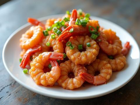 Crispy salt and pepper shrimp with fried garlic, chili and scallion on a plate