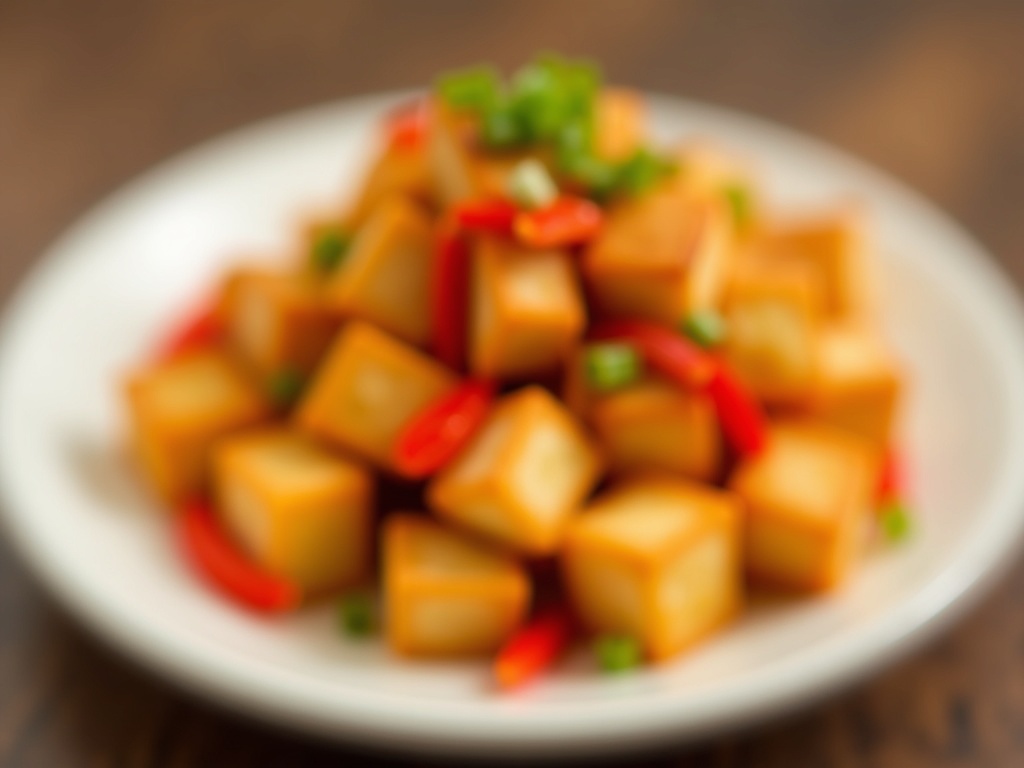 Crispy golden salt and pepper tofu cubes tossed with red chili and scallion
