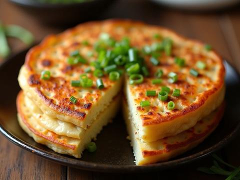 Scallion pancakes — golden flaky pan-fried Chinese flatbreads flecked with green scallion, cut into wedges