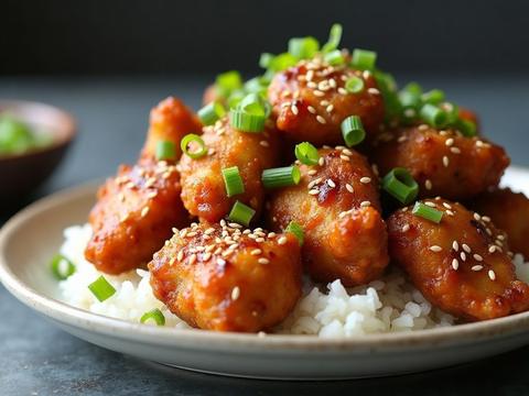Sesame chicken — crispy chicken in a glossy brown sauce coated with toasted sesame seeds over rice