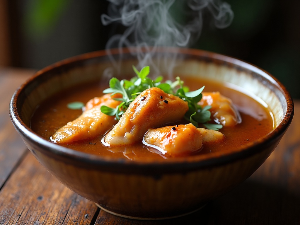 Sesame oil chicken — chicken pieces in a fragrant black sesame oil and rice wine broth with ginger, steaming in a bowl