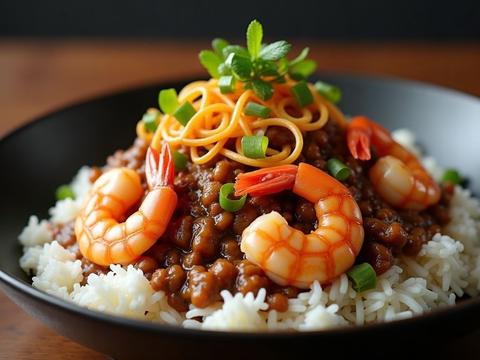 Shrimp with lobster sauce — shrimp in a savory garlic black bean sauce with egg ribbons over rice
