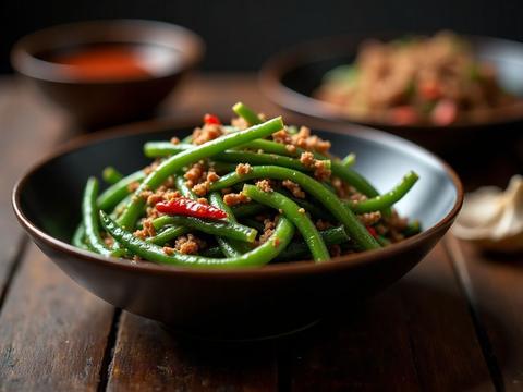 Sichuan dry-fried green beans, blistered and tossed with ground pork and chili