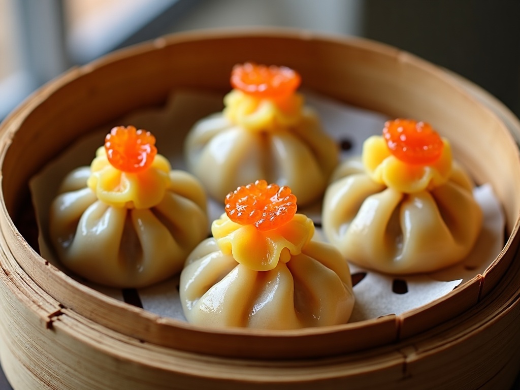 Siu mai — open-topped pork and shrimp dim sum dumplings in yellow wrappers topped with roe, in a bamboo steamer
