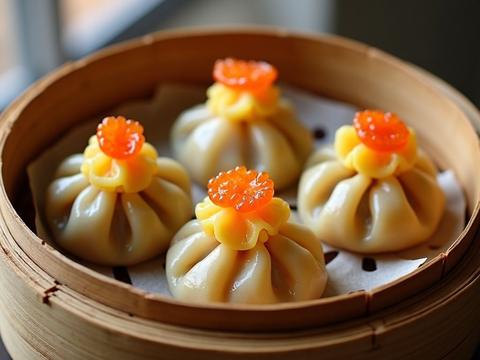 Siu mai — open-topped pork and shrimp dim sum dumplings in yellow wrappers topped with roe, in a bamboo steamer