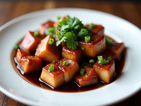 Chopped Cantonese soy sauce chicken with glossy mahogany skin on a plate with sauce