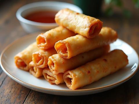 Crispy golden Chinese spring rolls stacked on a plate with a dipping sauce