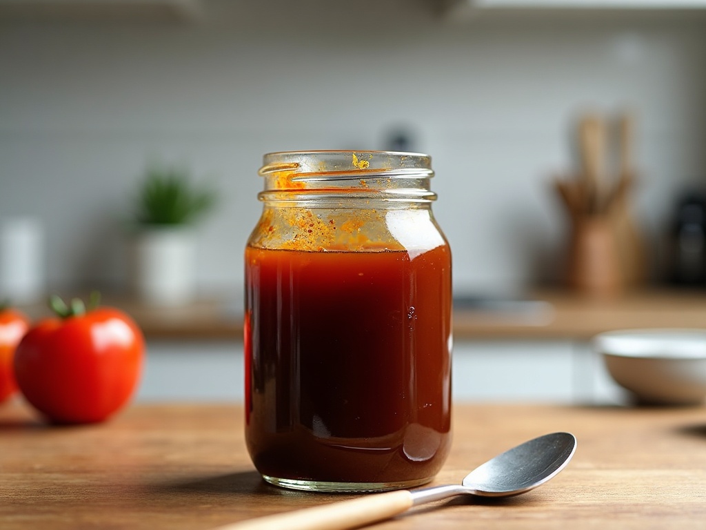 A jar of glossy brown Chinese stir fry sauce with a whisk