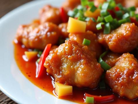 Crispy sweet and sour pork with bell peppers and pineapple in a glossy red sauce