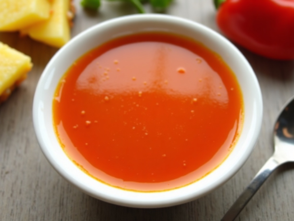 A small bowl of glossy bright red-orange sweet and sour sauce