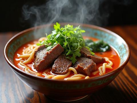 A bowl of Taiwanese beef noodle soup with braised beef shank, noodles, greens and scallions in a rich red broth