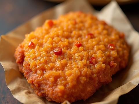 Taiwanese chicken cutlet (da ji pai) — one large crispy golden fried chicken cutlet dusted with chili and five-spice salt in a paper sleeve