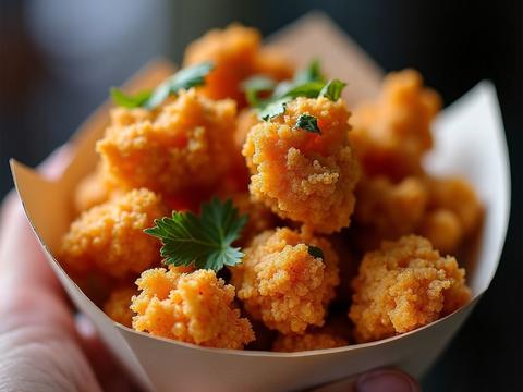 Taiwanese popcorn chicken — craggy crispy fried chicken bites with crispy fried basil leaves and five-spice salt