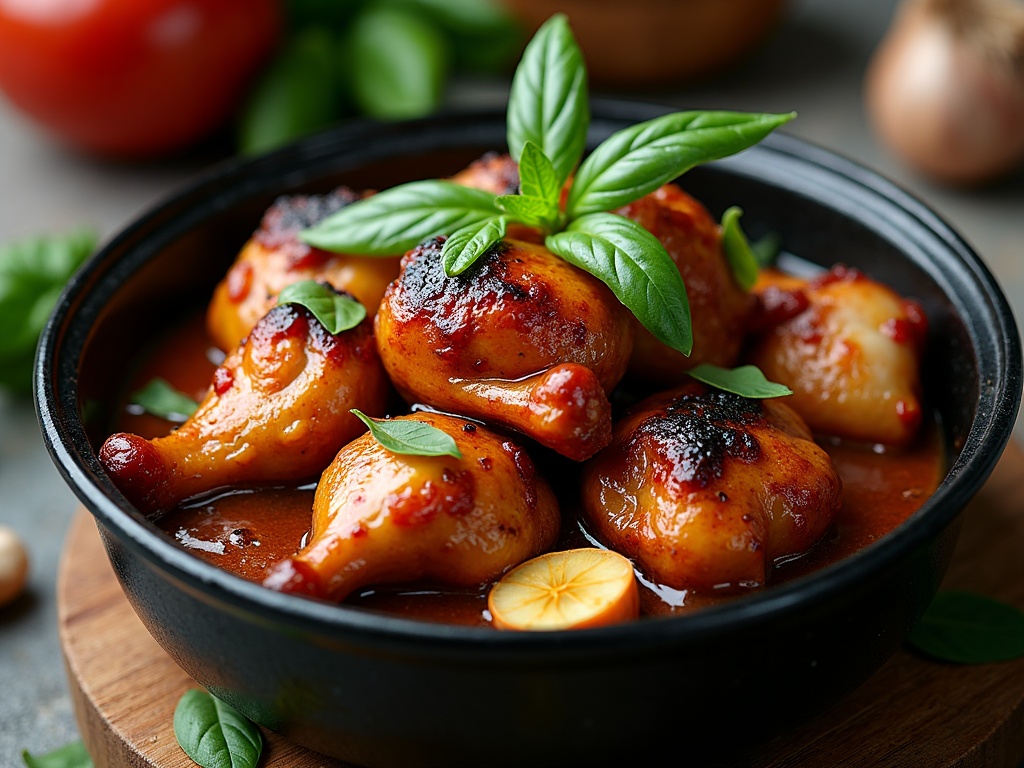 Three cup chicken in a clay pot with a sticky dark glaze, ginger, garlic and fresh basil