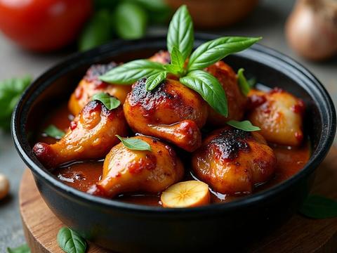 Three cup chicken in a clay pot with a sticky dark glaze, ginger, garlic and fresh basil
