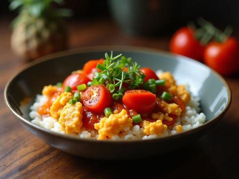 Chinese tomato and egg stir-fry with soft scrambled eggs over rice