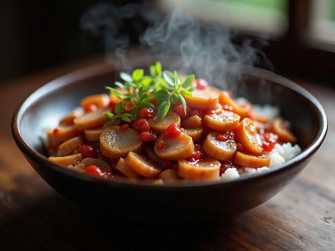 Sichuan twice-cooked pork with curled pork belly slices, leeks and chili sauce