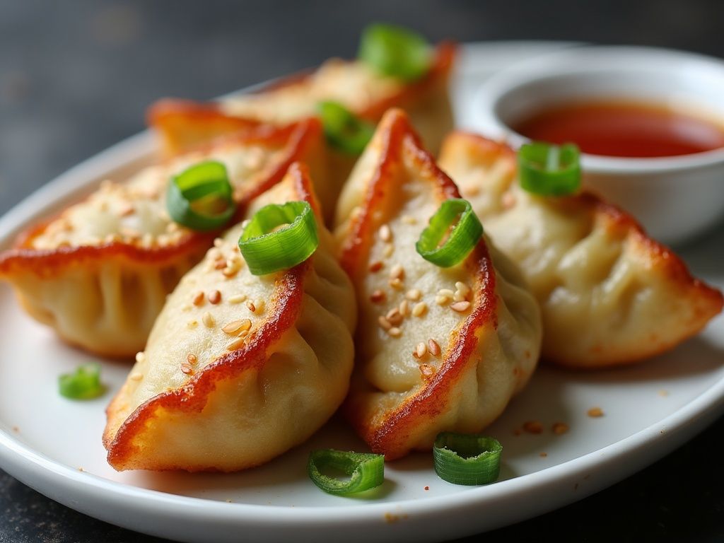 Crispy pan-fried vegetable dumplings with golden bottoms, sesame seeds and scallion, with a dish of dipping sauce