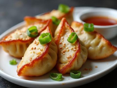 Crispy pan-fried vegetable dumplings with golden bottoms, sesame seeds and scallion, with a dish of dipping sauce