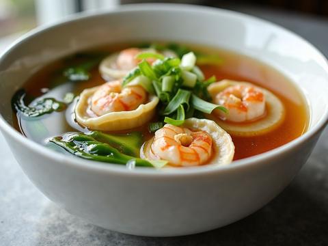 Wonton soup — pork and shrimp wontons in a clear broth with bok choy and scallions