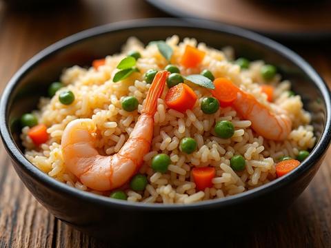 Yangzhou fried rice with shrimp, diced char siu pork, egg, peas and carrots, grains separate and glistening