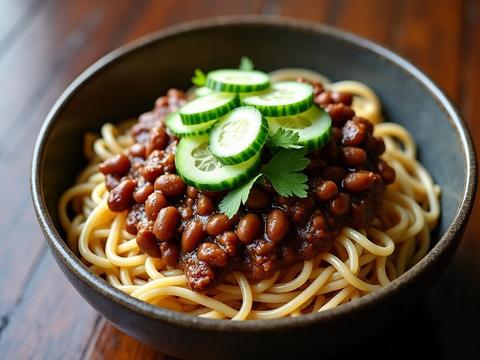 Zhajiangmian — thick noodles topped with dark pork bean sauce and julienned cucumber